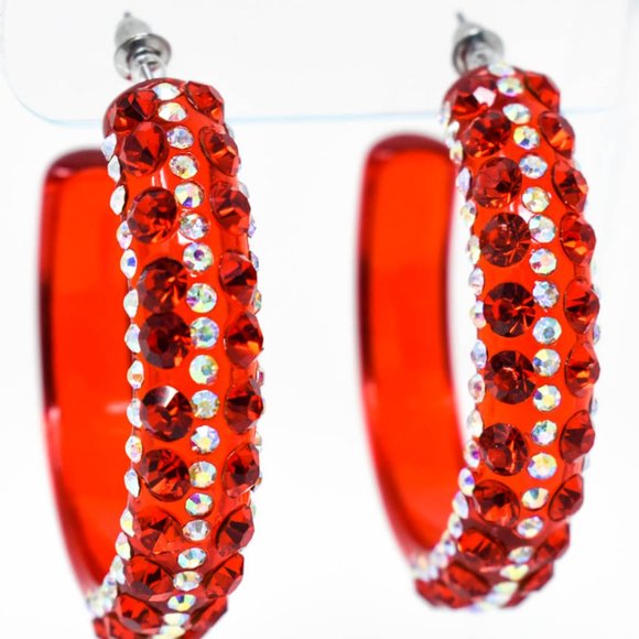 2" Clear Red AB/Red Lucite Rhinestone Hoop Earring - Picture 2 of 11
